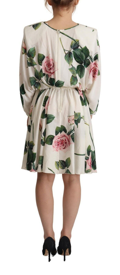Dolce & Gabbana White Rose Print Long Sleeves A-line Dress