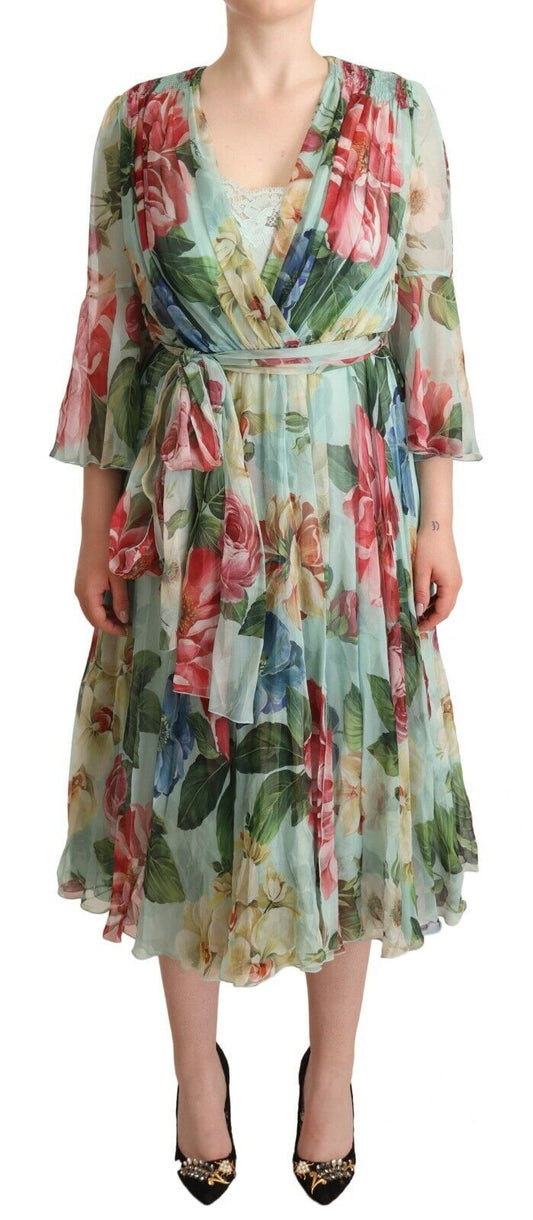 Dolce & Gabbana Elegant Floral Green Midi Silk Dress