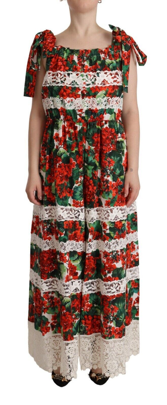 Dolce & Gabbana Multicolor Geranium Print Lace Long Maxi Dress