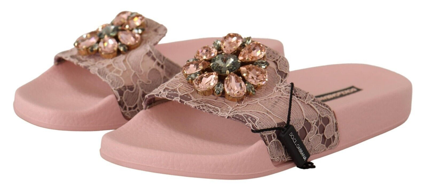 Dolce & Gabbana Floral Lace Crystal Embellished Slide Flats