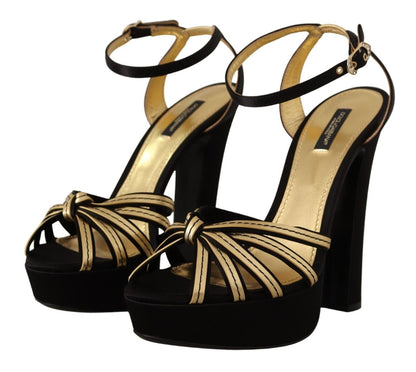 Dolce & Gabbana Elegant Black Gold Ankle Strap Heels Sandals