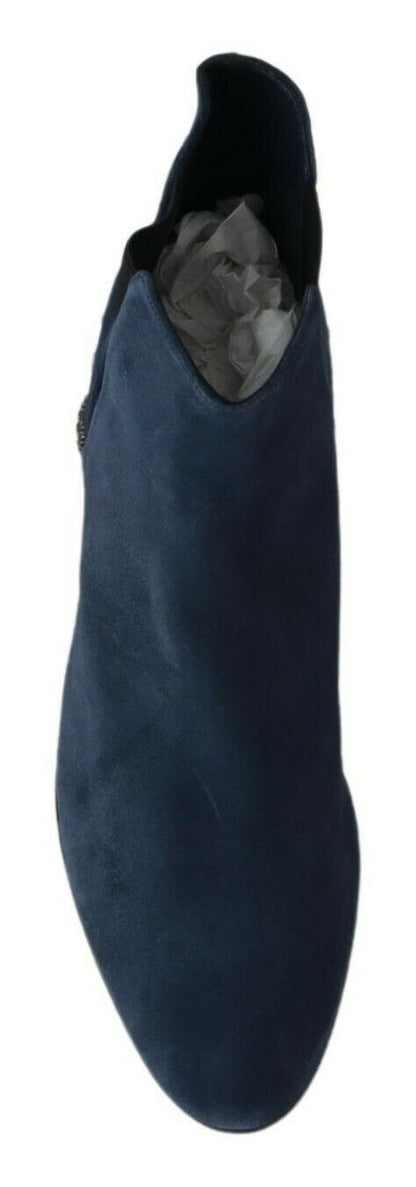 حذاء دولتشي آند غابانا شيك من جلد الغزال الأزرق لمنتصف الساق مع تفاصيل مرصعة