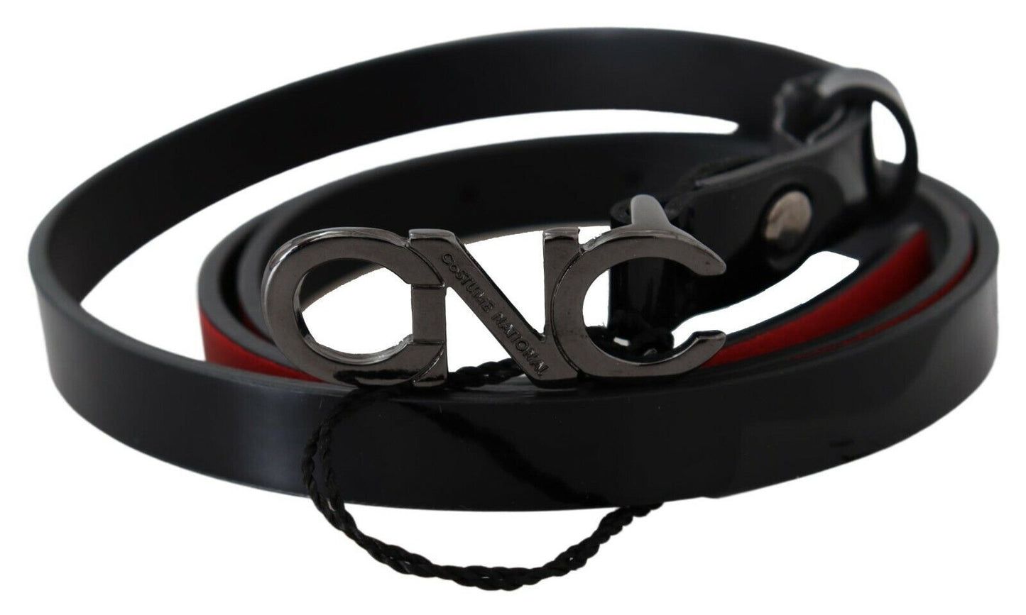 Costume National Black Skinny Leather Logo Buckle Belt