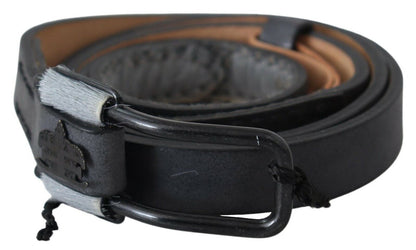 Ermanno Scervino Black Leather Fringes Logo Buckle Belt