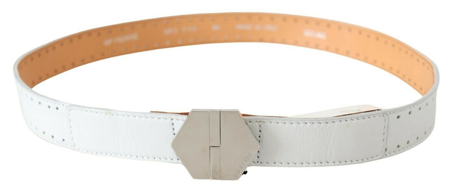 GF Ferre White Leather Hexagon Logo Buckle Waist Belt