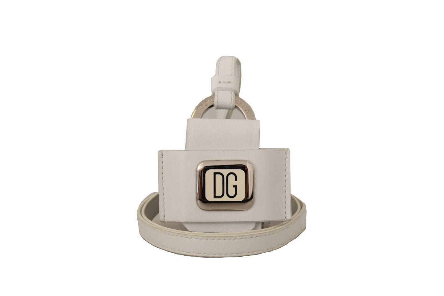 Dolce & Gabbana White Leather Strap Silver Metal Airpods Case