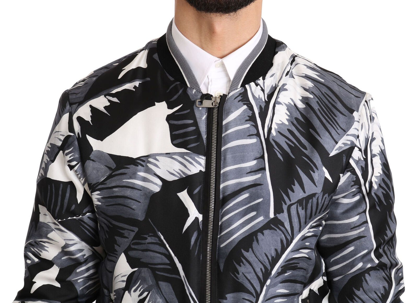 Dolce & Gabbana Black Silk Banana Leaf Print Bomber Jacket