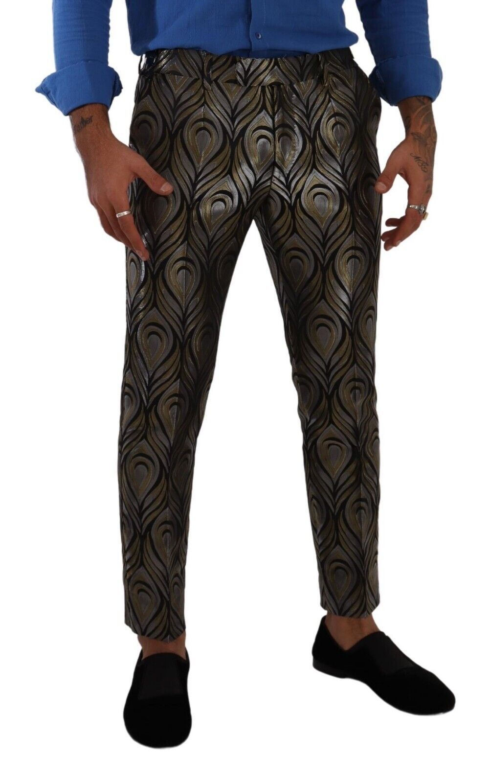Dolce & Gabbana Silver Gold Jacquard Men Trouser Dress Pants