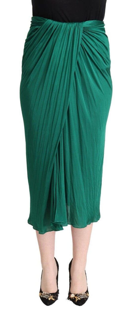 Dolce & Gabbana Dark Green High Waist Midi Pencil Cut Pleated Skirt