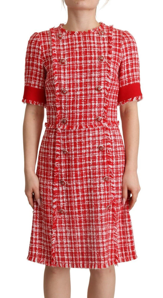 Dolce & Gabbana Red Checkered Cotton Embellished Sheath Dress
