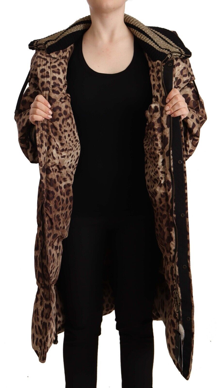 Dolce & Gabbana Brown Long Leopard Print Quilted Down Jacket