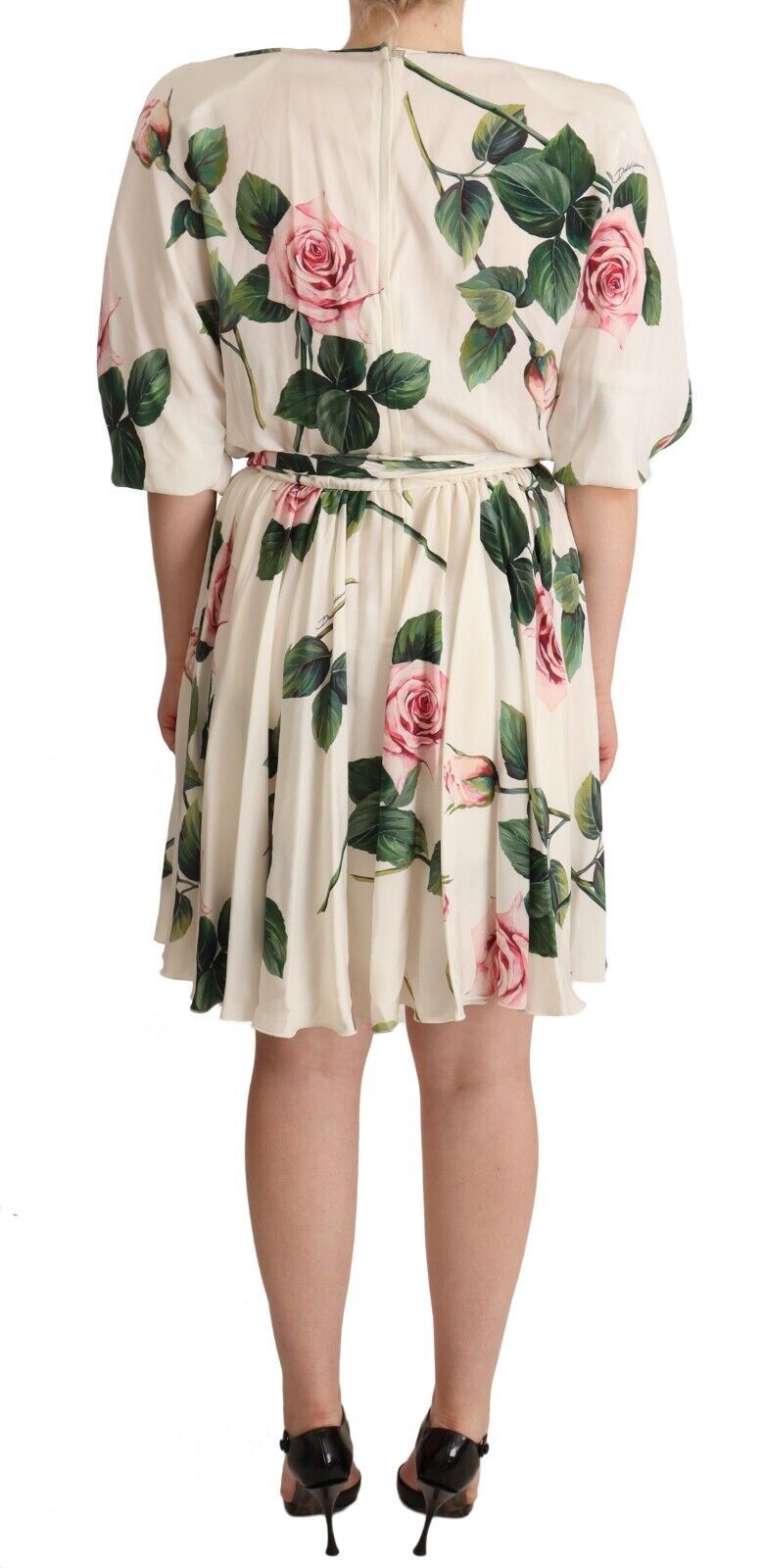 Dolce & Gabbana White Rose Print Stretch Silk Pleated Dress