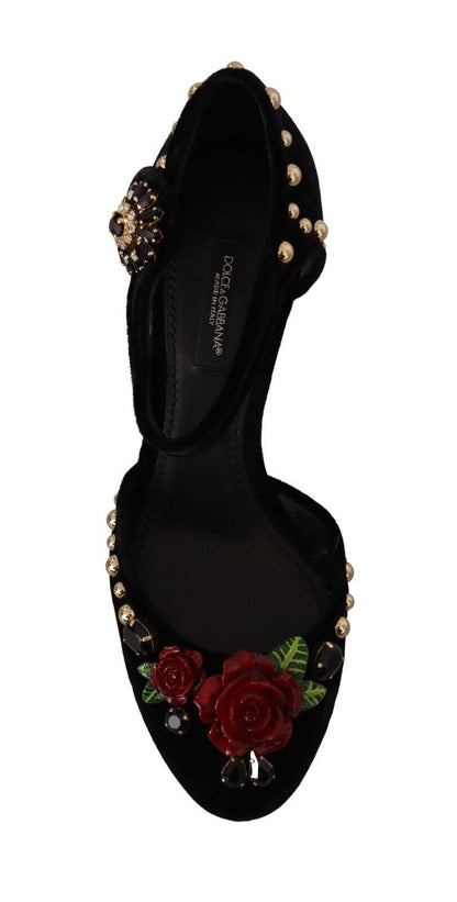 Dolce & Gabbana Black Crystal Rose Heel Sandals