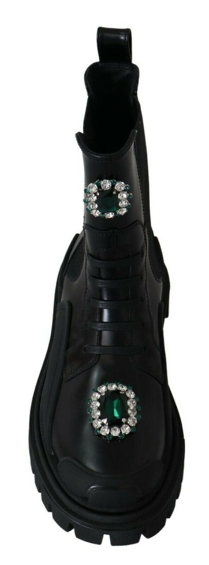 حذاء دولتشي آند غابانا القتالي الأنيق المصنوع من الجلد باللون الأسود مع تفاصيل كريستالية