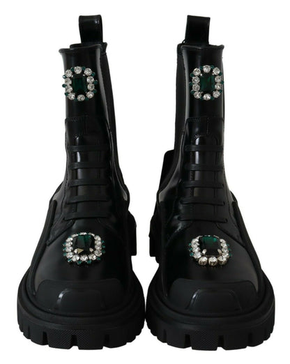 حذاء دولتشي آند غابانا القتالي الأنيق المصنوع من الجلد باللون الأسود مع تفاصيل كريستالية