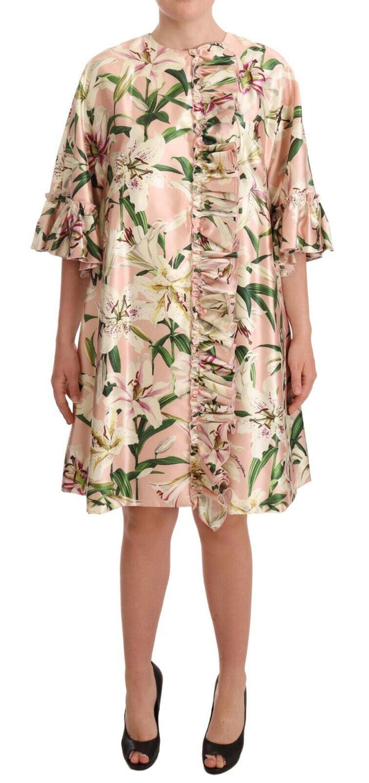 Dolce & Gabbana Pink Lily Print Ruffled Long Coat Silk Dress