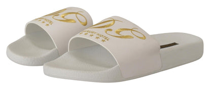 Dolce & Gabbana Chic White Leather Slides with Gold Embroidery