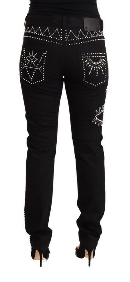 Valentino Black Cotton Mid Waist Embellished Slim Fit Jeans