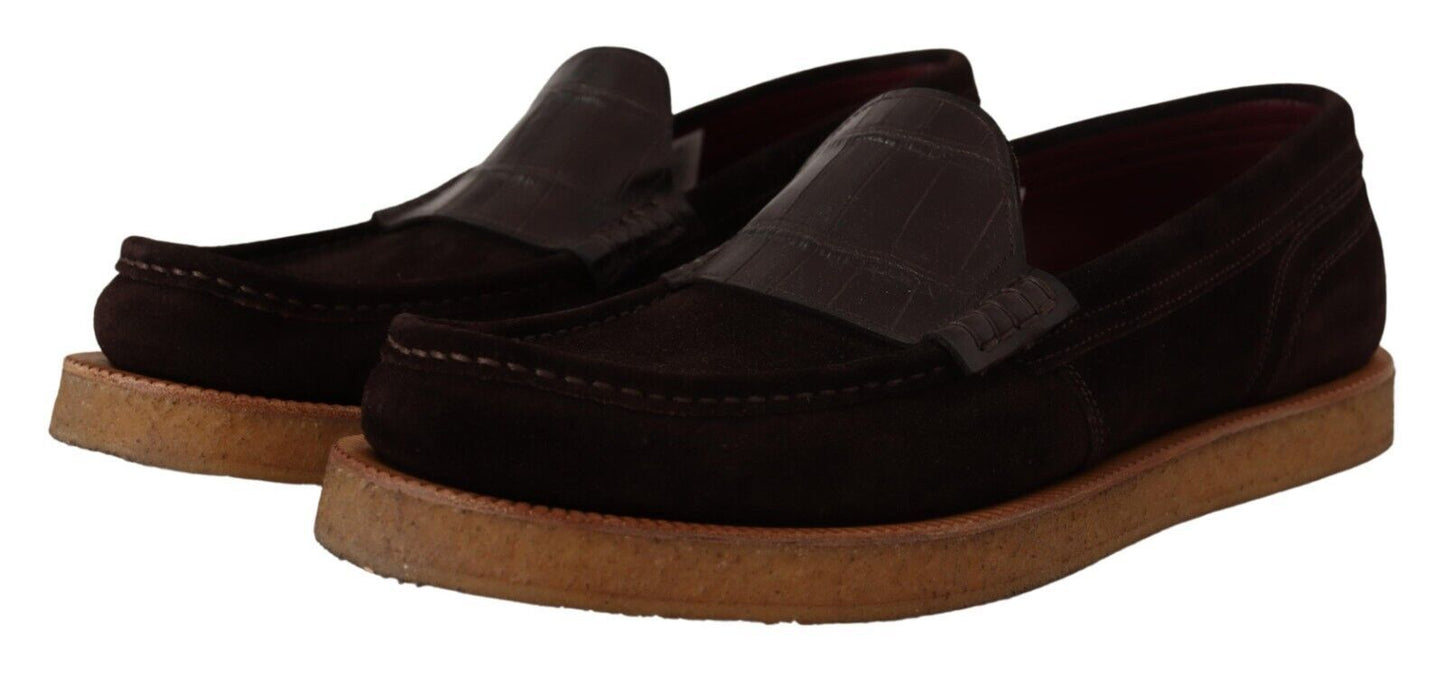 Dolce & Gabbana Brown Suede Leather Slip On Flats Moccasin Shoes