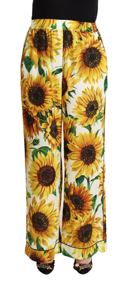 Dolce & Gabbana White Sunflower Print Mid Waist Wide Leg Pants