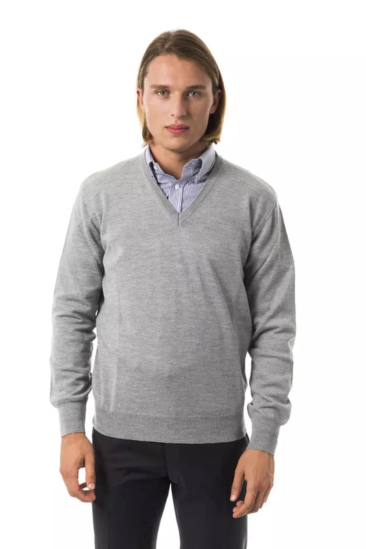 Uominitaliani Embroidered Wool V-Neck Sweater - Elegant Gray