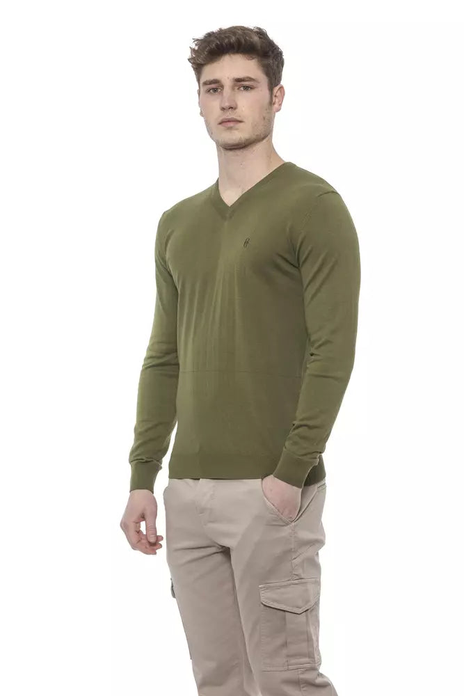Conte of Florence Classic V-Neck Cotton Sweater in Lush Green