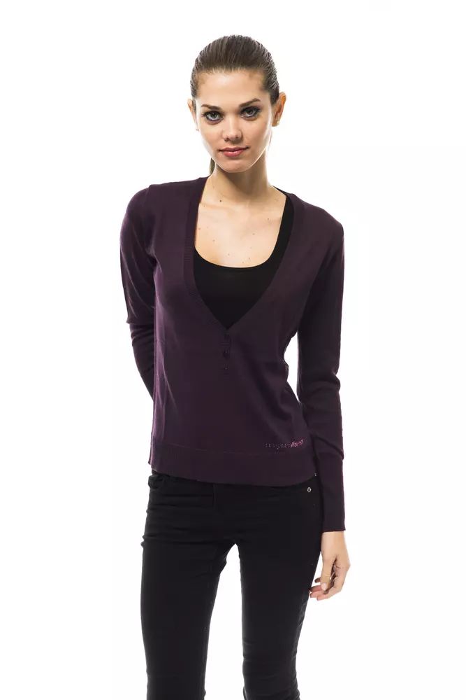 Ungaro Fever Elegant Purple V-Neck Wool Blend Sweater