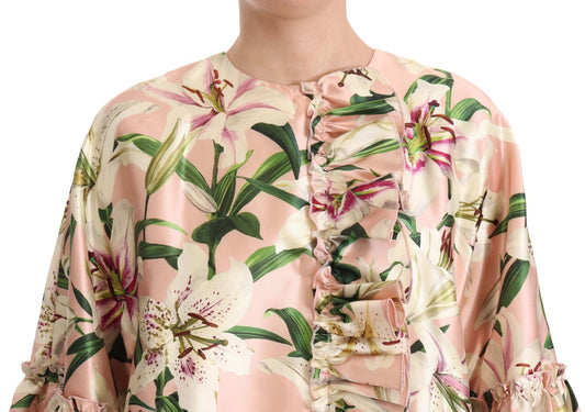 Dolce & Gabbana Pink Lily Print Ruffled Long Coat Silk Dress